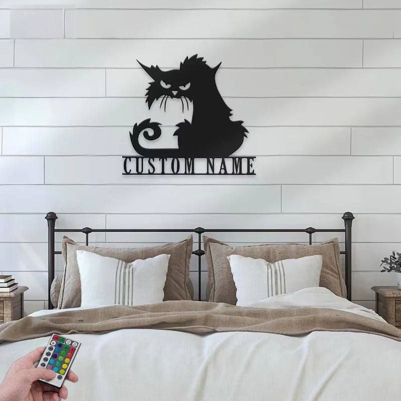 Personalized Angry Cat, Metal Wall Signs With RGB Led Light