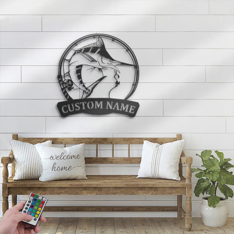 Personalized Atlantic Blue Marlin Fishing Metal Wall Signs With RGB Led Light