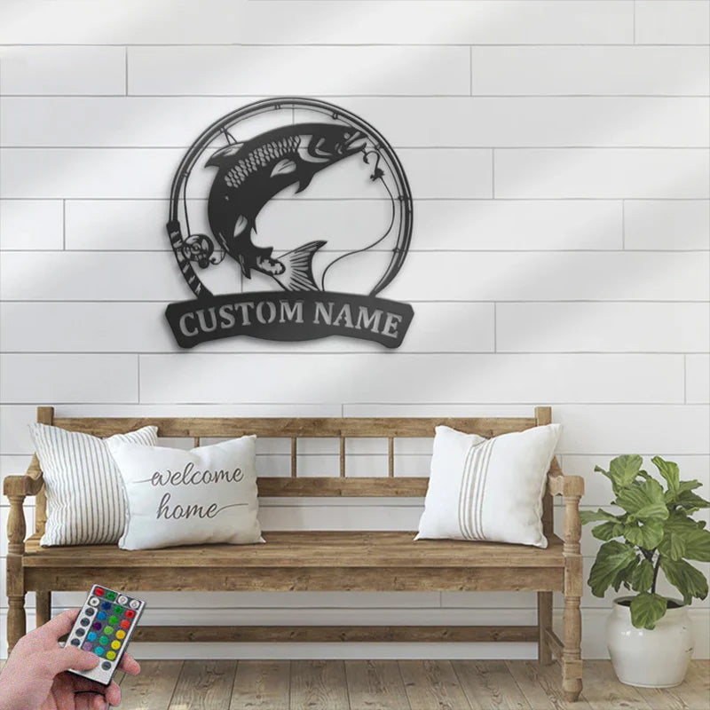 Personalized Atlantic Salmon Fishing Metal Wall Signs With RGB Led Light