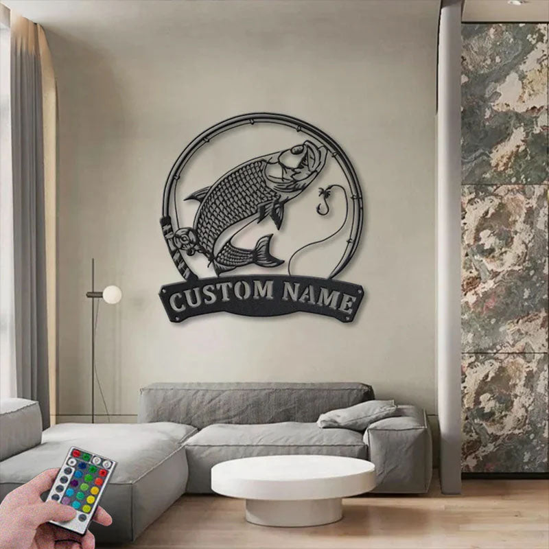Personalized Atlantic Tarpon Fish Pole Metal Wall Signs With RGB Led Light