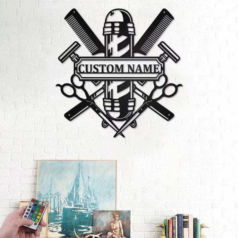 Personalized Barber Shop, Metal Wall Signs With RGB Led Light