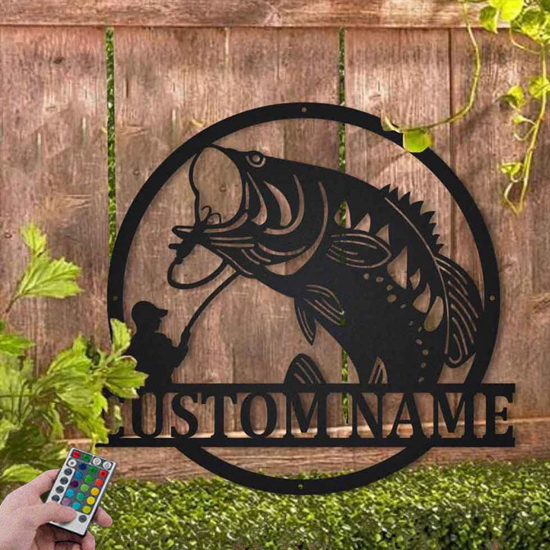 Personalized Bass Fishing Monogram Metal Wall Signs With RGB Led Light