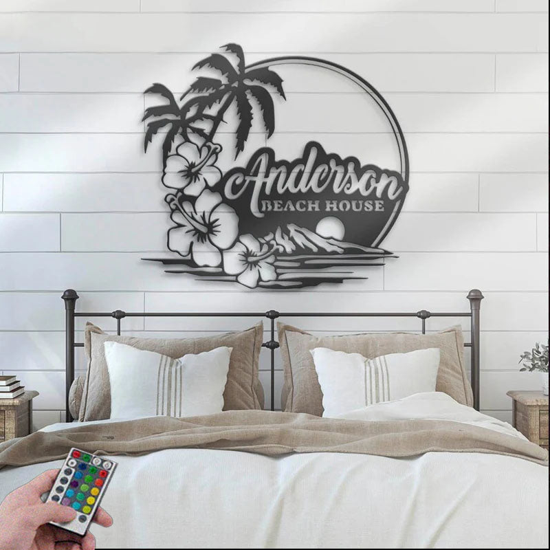 Personalized Beach House Hawaiian Flower Scene Metal Wall Signs With RGB Led Light
