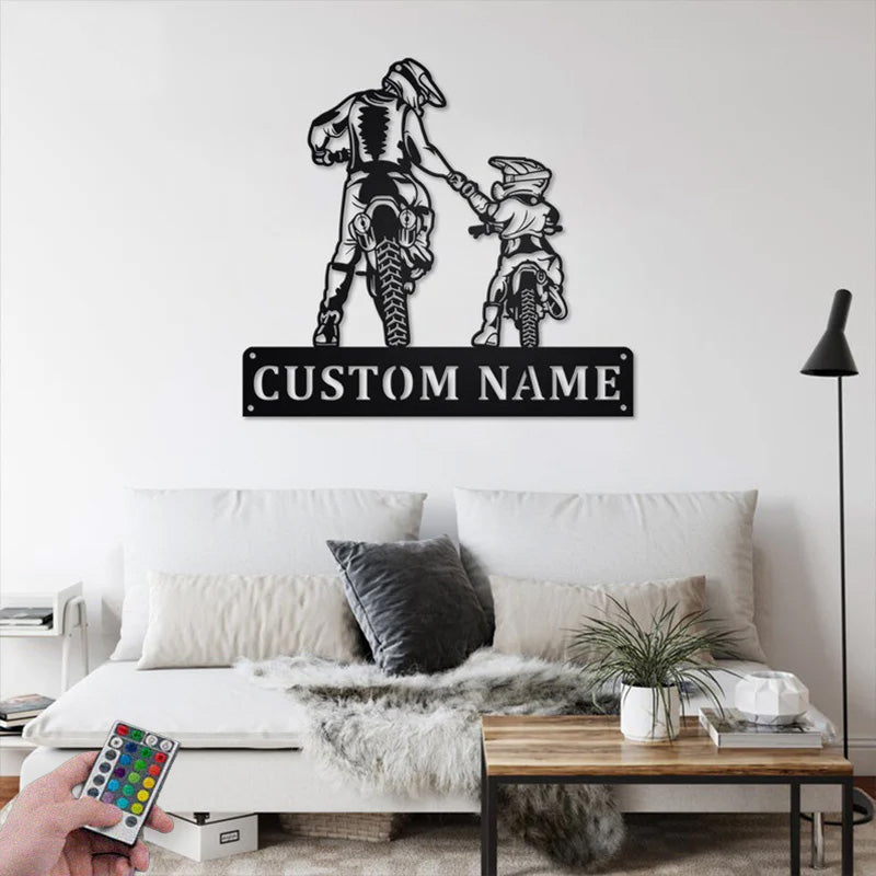 Personalized Biker Father And Son Metal Wall Signs With RGB Led Light