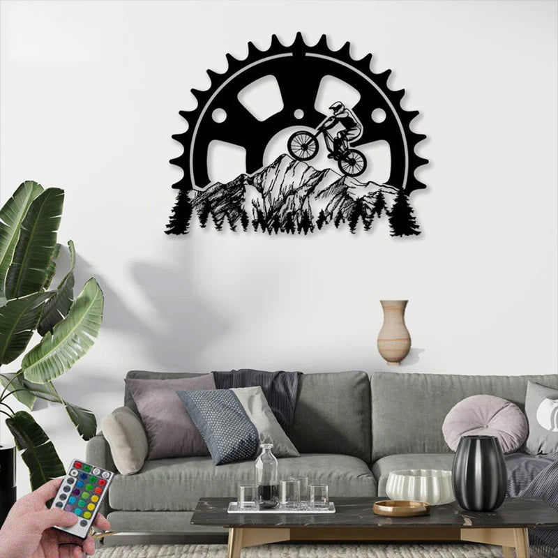 Personalized Biking Mountain Scene Metal Wall Signs With RGB Led Light
