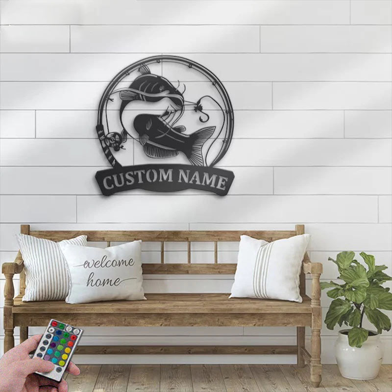 Personalized Black Bullhead Catfish Fishing Metal Wall Signs With RGB Led Light