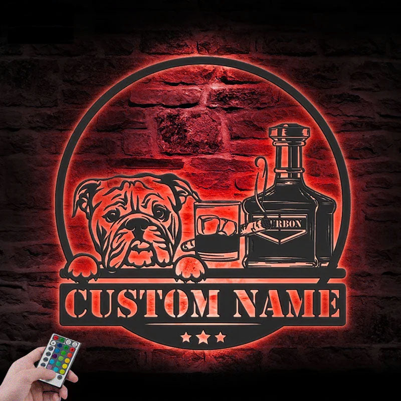 Personalized Bourbon Cigar And Bulldog, Metal Wall Signs With RGB Led Light