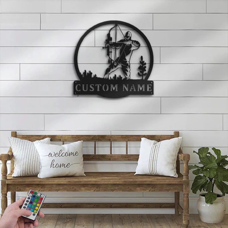 Personalized Bow Hunter, Metal Wall Signs With RGB Led Light