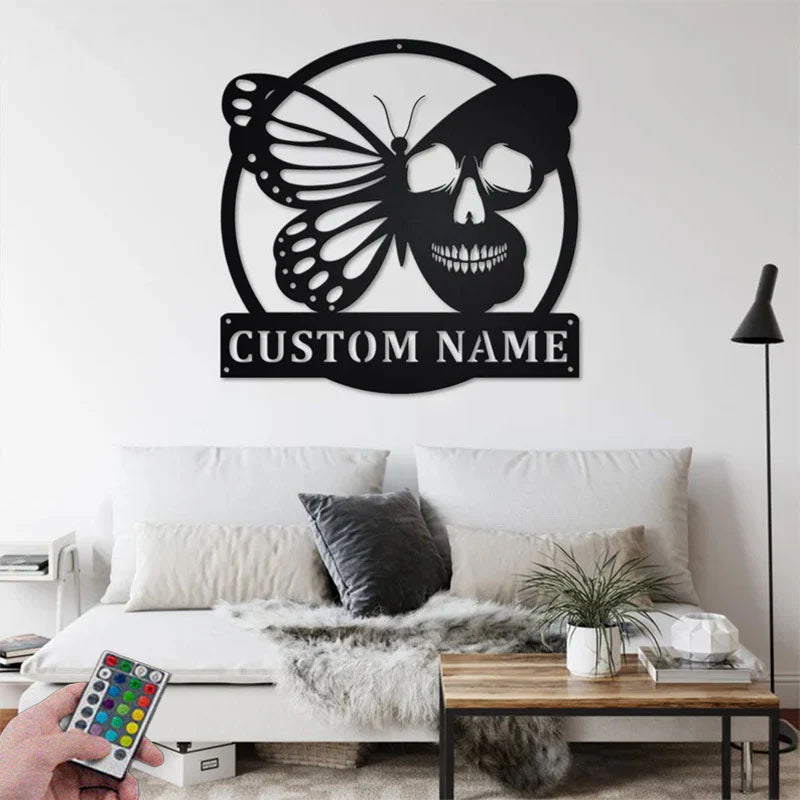 Personalized Butterfly Skull Metal Wall Signs With RGB Led Light