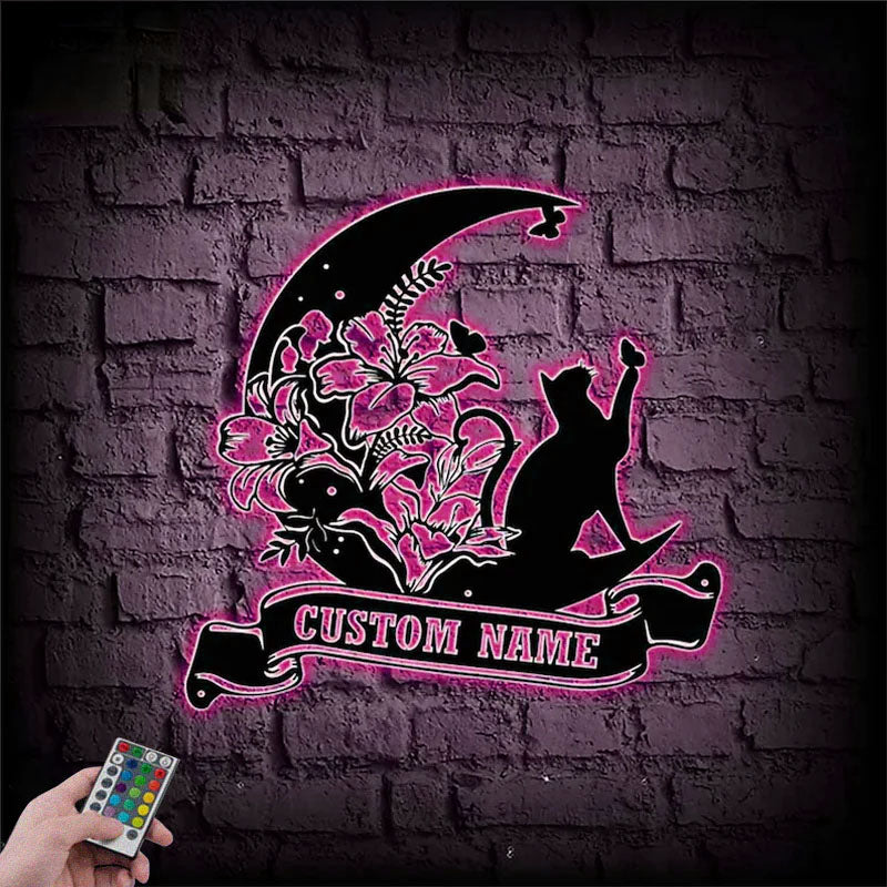 Personalized Cat And Moon, Metal Wall Signs With RGB Led Light