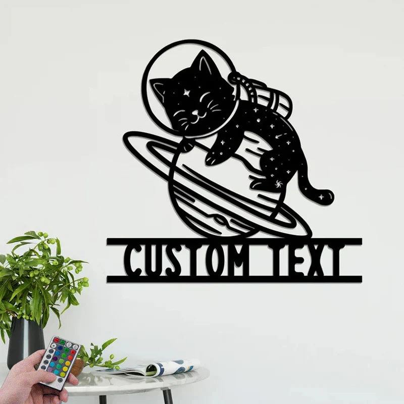 Personalized Cat Moon Universe Metal Wall Signs With RGB Led Light