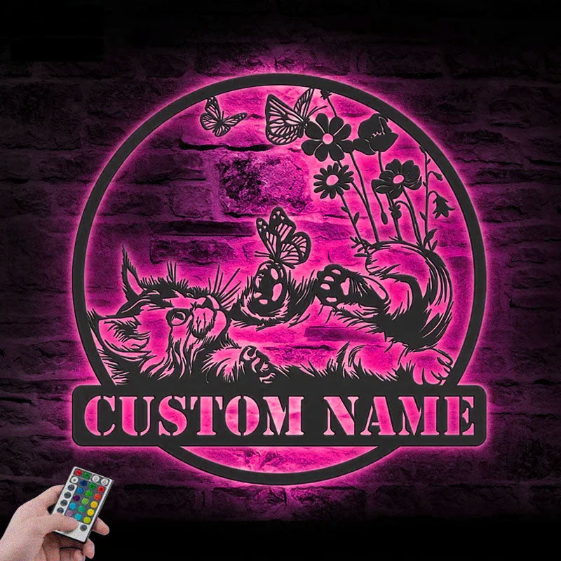Personalized Cat With Butterfly, Metal Wall Signs With RGB Led Light
