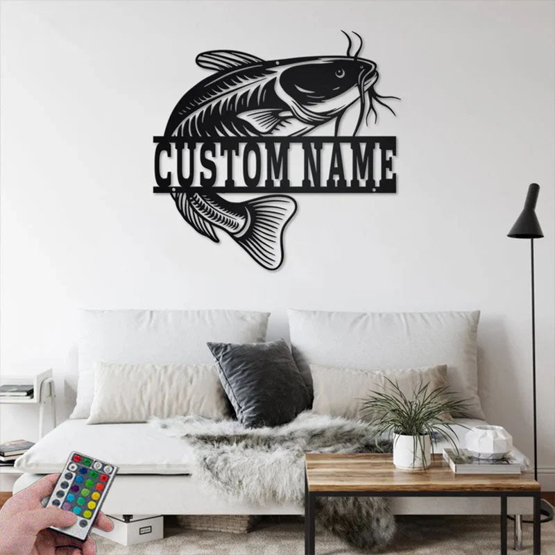 Personalized Catfish Fish Metal Wall Signs With RGB Led Light
