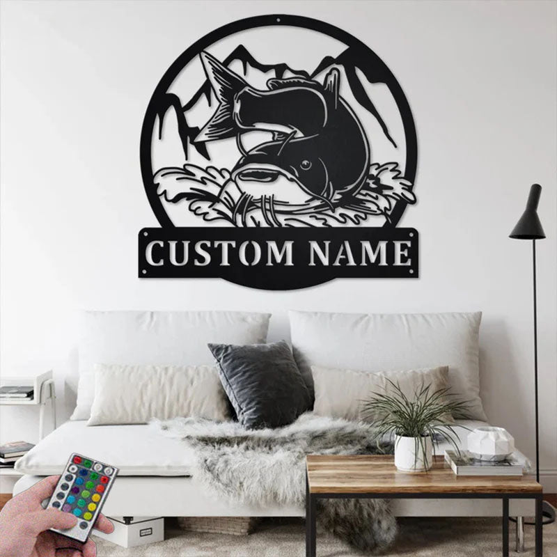 Personalized Catfish Fishing Metal Wall Signs With RGB Led Light