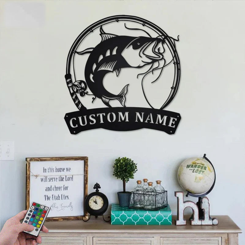 Personalized Catfish Fishing Metal Wall Signs With RGB Led Light