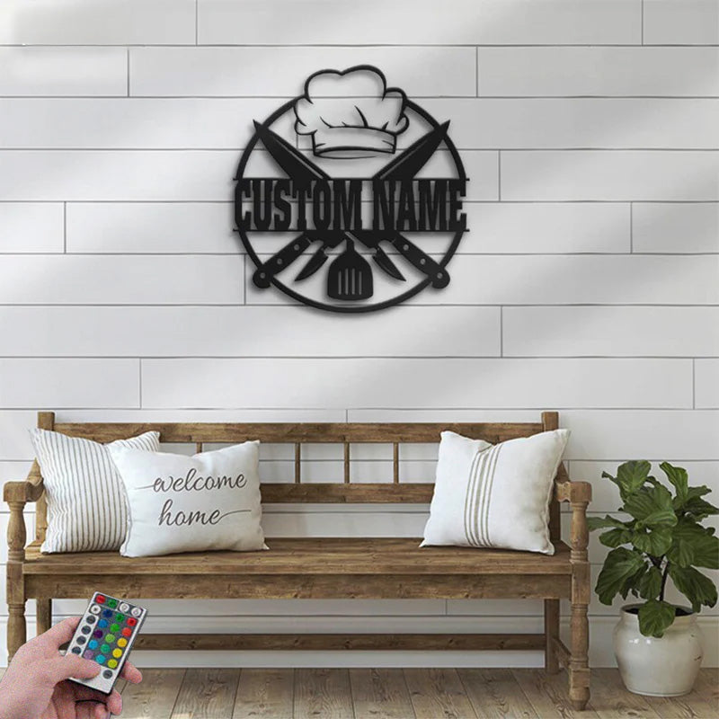 Personalized Chef Logo Metal Wall Signs With RGB Led Light
