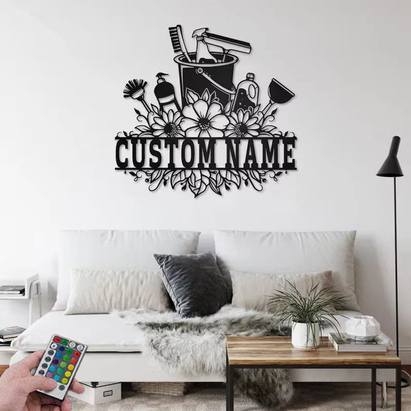 Personalized Cleaning Tool Frame Metal Wall Signs With RGB Led Light