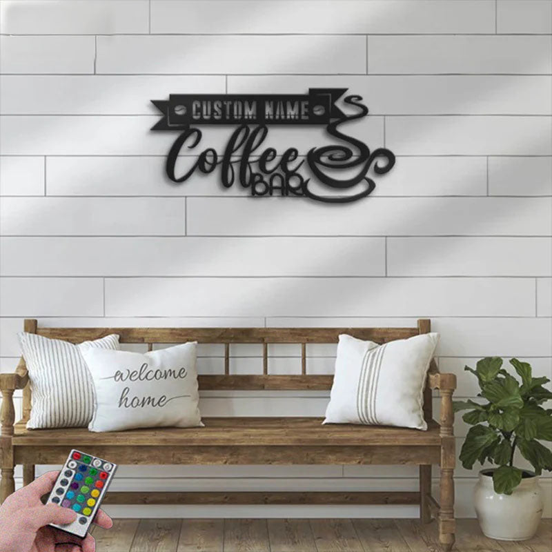 Personalized Coffee Bar Metal Wall Signs With RGB Led Light