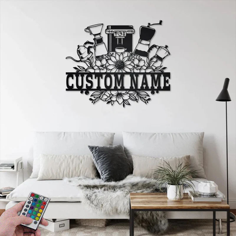 Personalized Coffee Maker Frame Metal Wall Signs With RGB Led Light