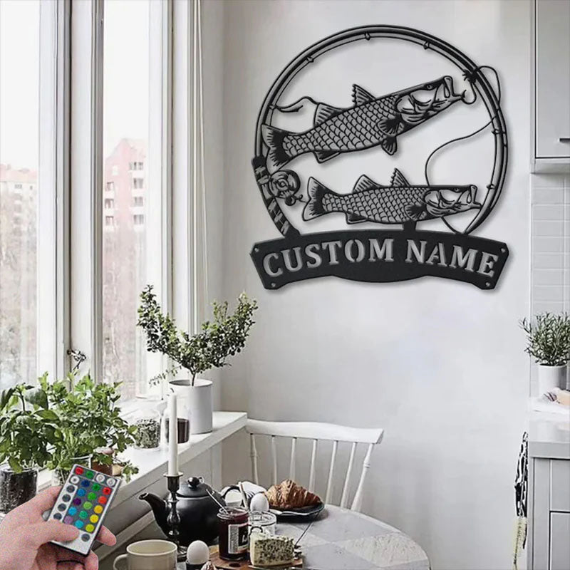 Personalized Common Snook Fishing Fish Pole Metal Wall Signs With RGB Led Light
