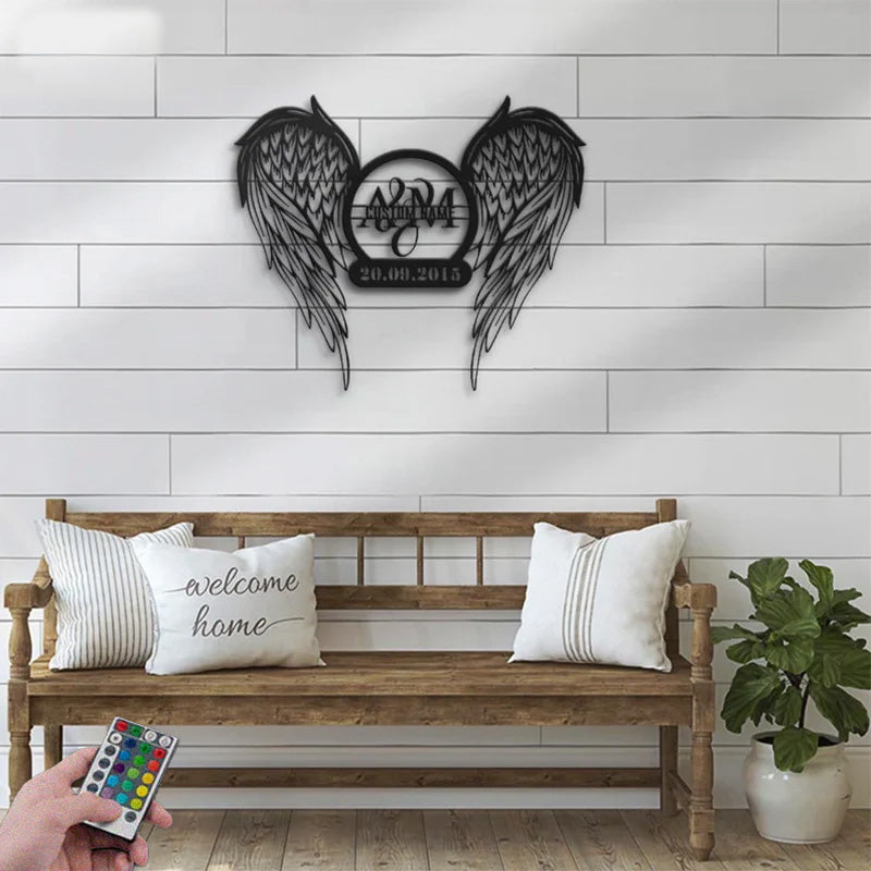 Personalized Couple Angel Wings Name Date Metal Wall Signs With RGB Led Light