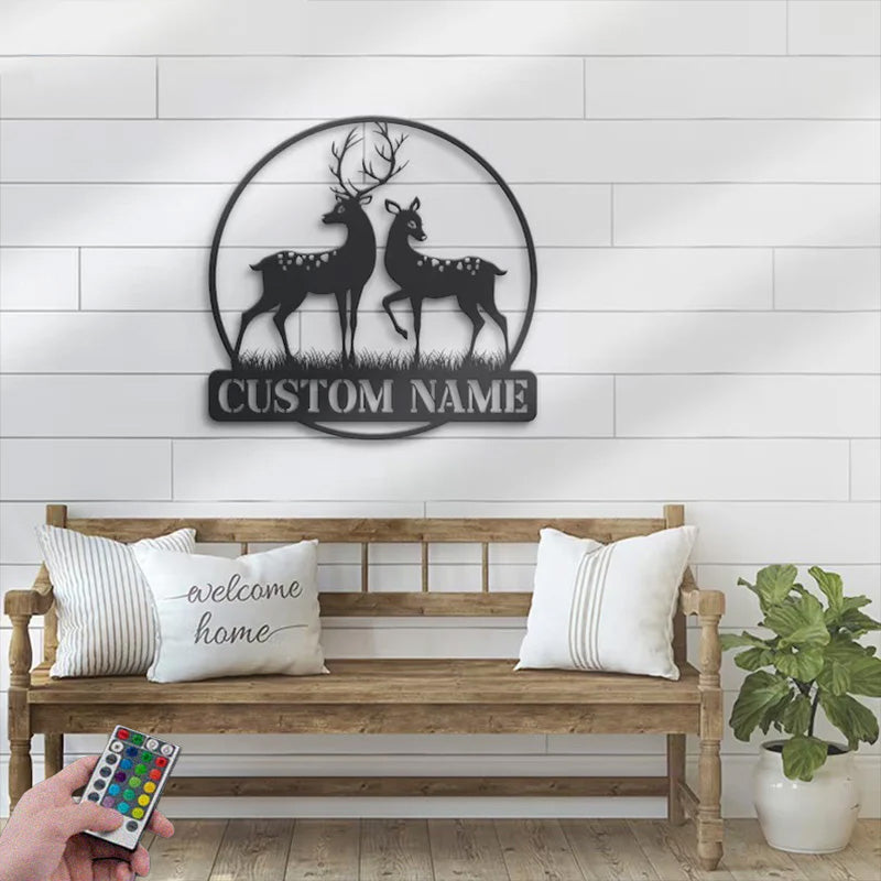 Personalized Couple Reindeer Deer Hunting Metal Wall Signs With RGB Led Light