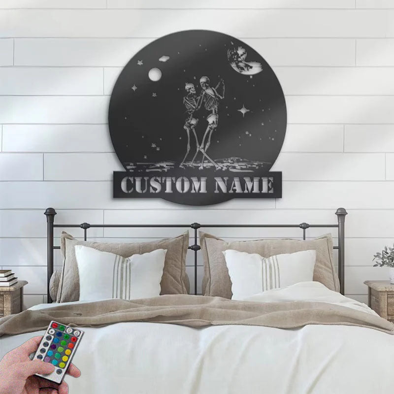 Personalized Couple Skeleton Dance On The Moon Metal Wall Signs With RGB Led Light