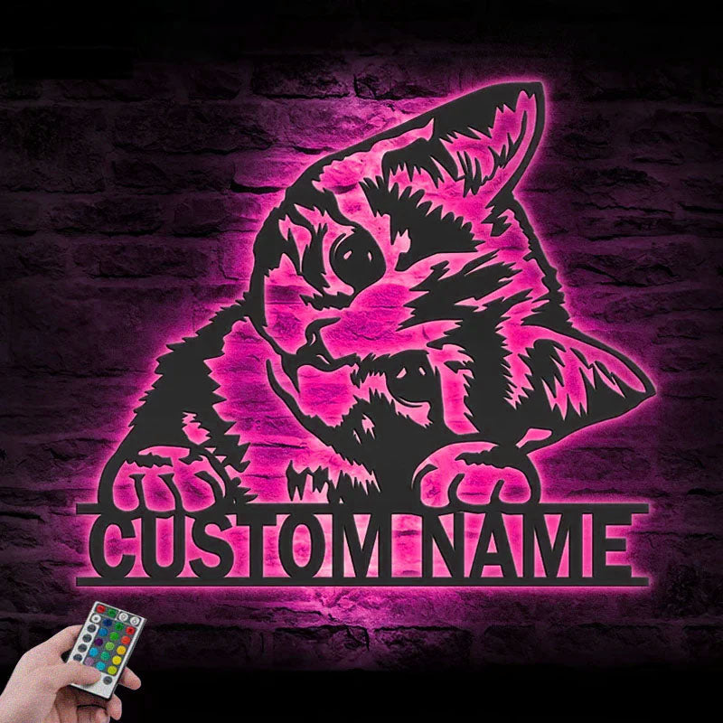 Personalized Cute Cat, Metal Wall Signs With RGB Led Light
