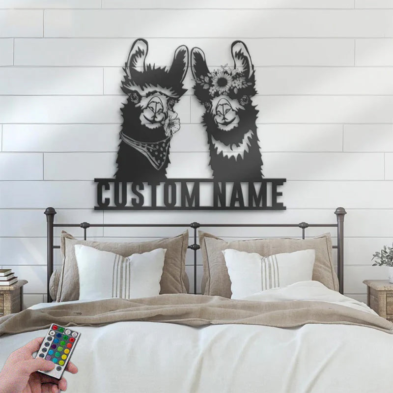 Personalized Cute Couple Alpaca Llama Love Metal Wall Signs With RGB Led Light