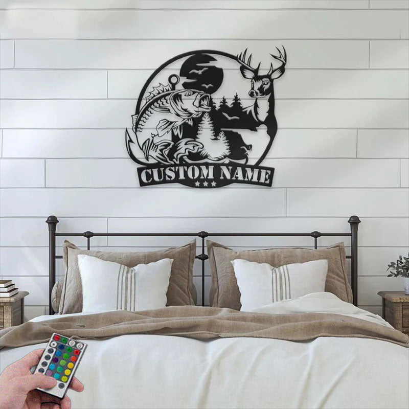 Personalized Deer And Fishing Metal Wall Signs With RGB Led Light