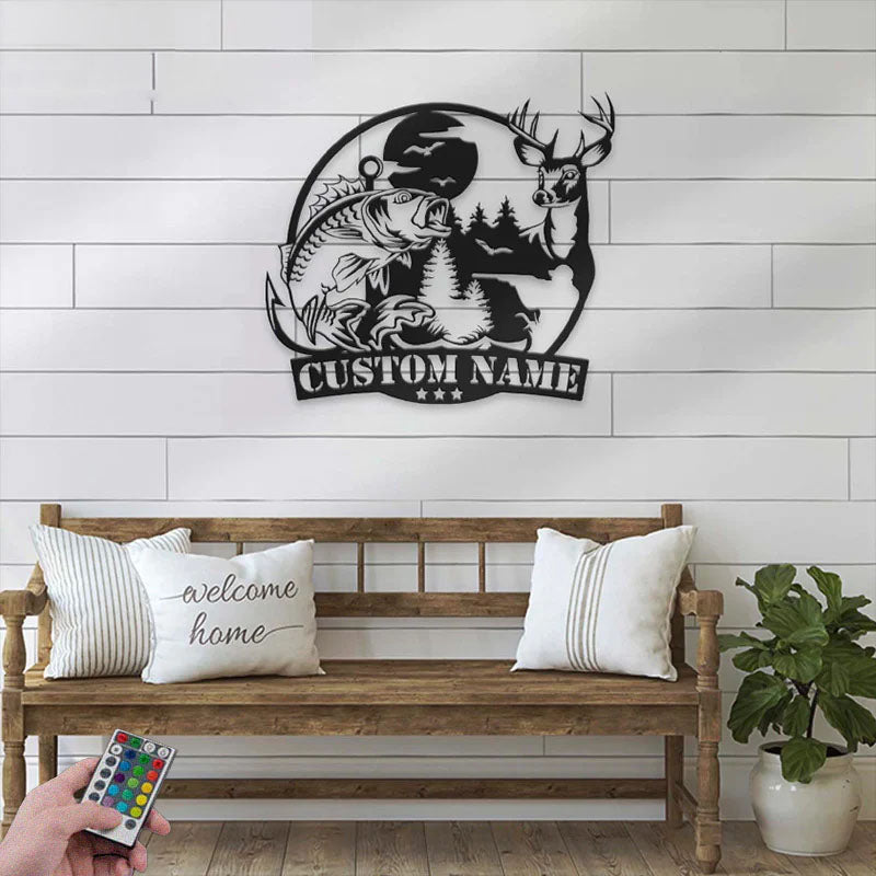 Personalized Deer And Fishing, Metal Wall Signs With RGB Led Light
