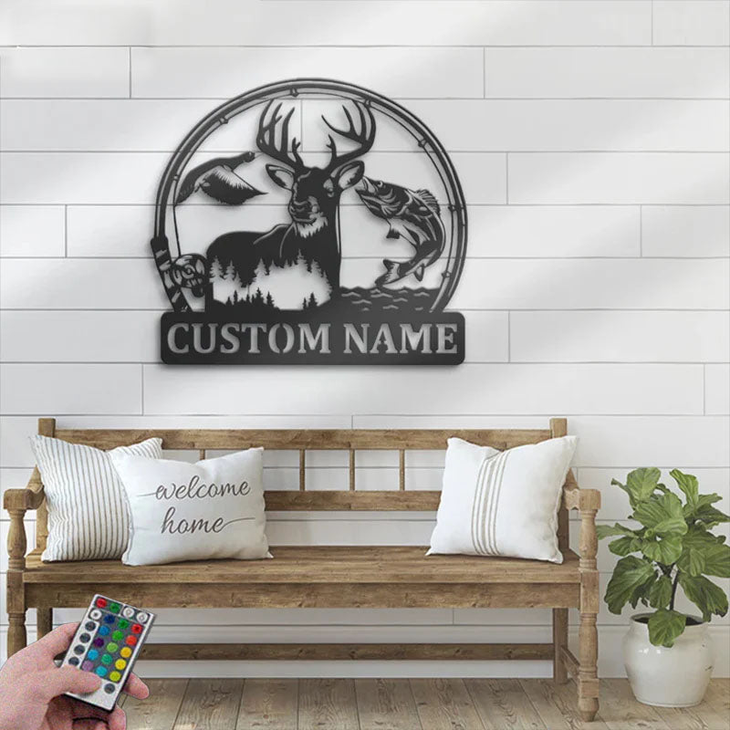 Personalized Deer Duck And Bass Fishing Metal Wall Signs With RGB Led Light