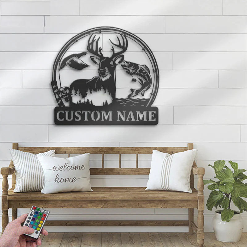 Personalized Deer Duck And Bass Fishing, Metal Wall Signs With RGB Led Light