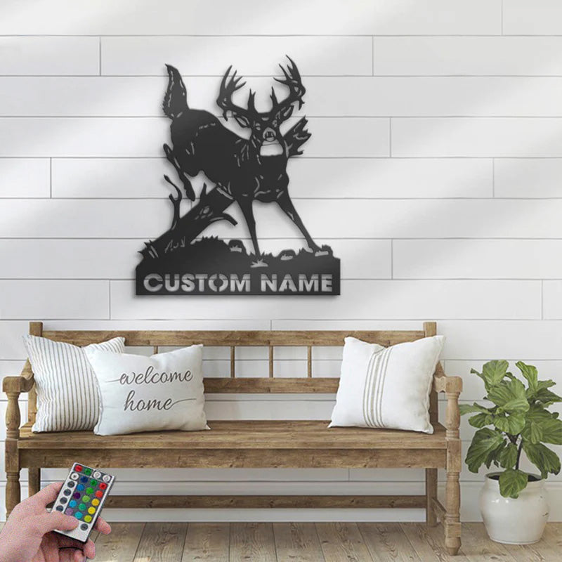 Personalized Deer Hunting Decor Antler Cabin Metal Wall Signs With RGB Led Light