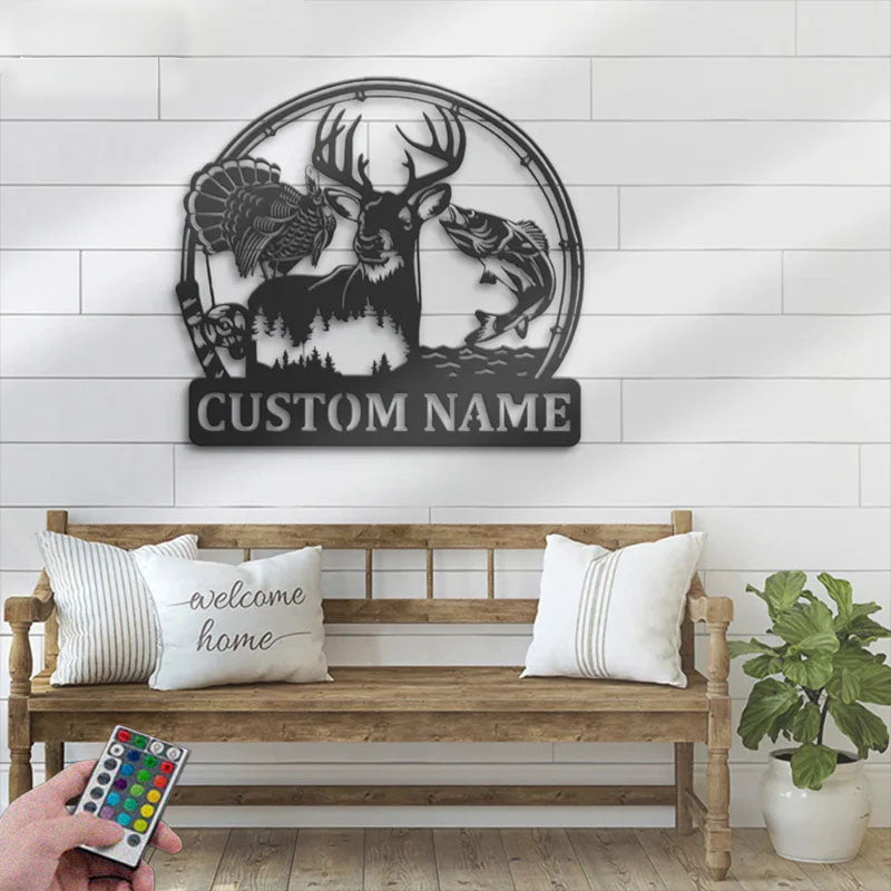 Personalized Deer Turkey And Bass Fishing Metal Wall Signs With RGB Led Light
