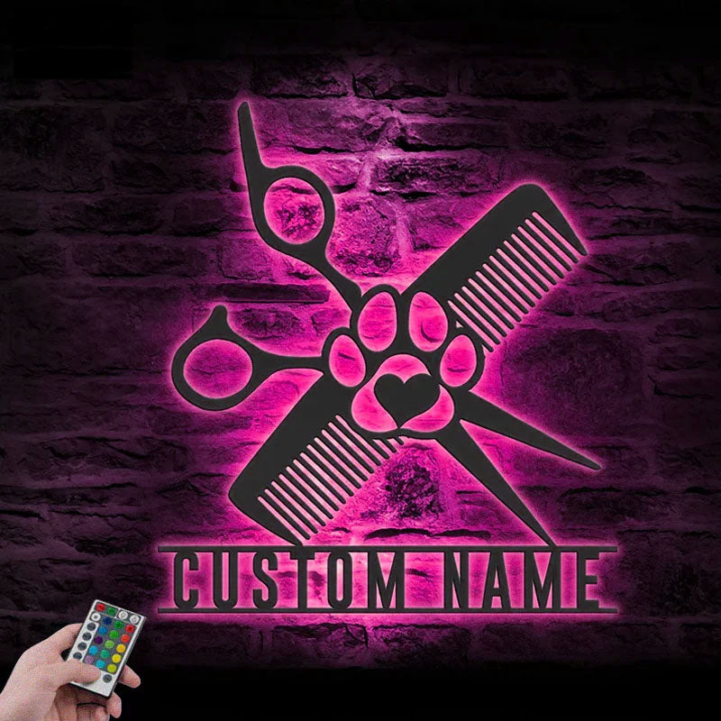 Personalized Dog Grooming Hair Salon, Metal Wall Signs With RGB Led Light