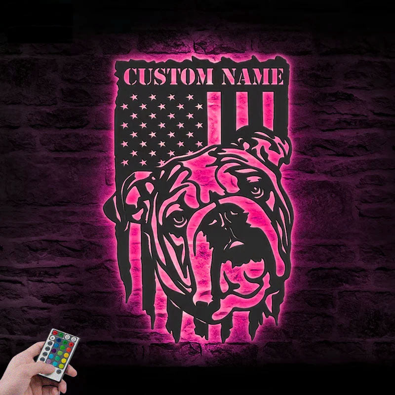 Personalized English Bulldog US Flag, Metal Wall Signs With RGB Led Light