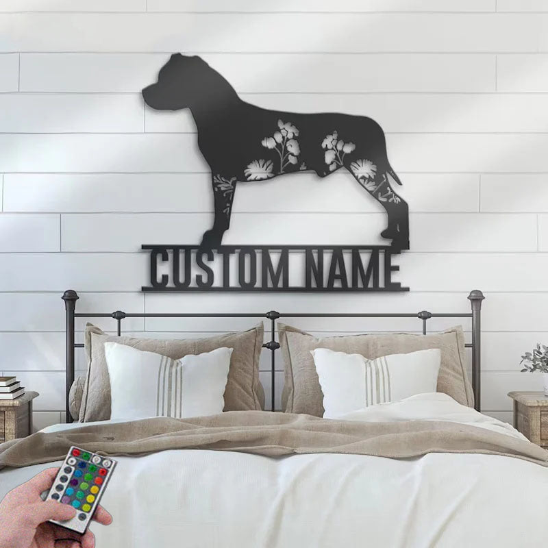 Personalized FLoral American Staffordshire Terrier Metal Wall Signs With RGB Led Light