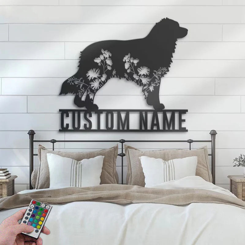 Personalized FLoral Australian Shepherd Metal Wall Signs With RGB Led Light