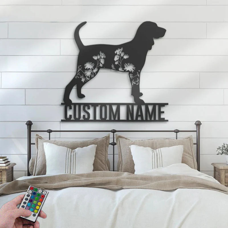 Personalized FLoral Black and Tan Coonhound Metal Wall Signs With RGB Led Light