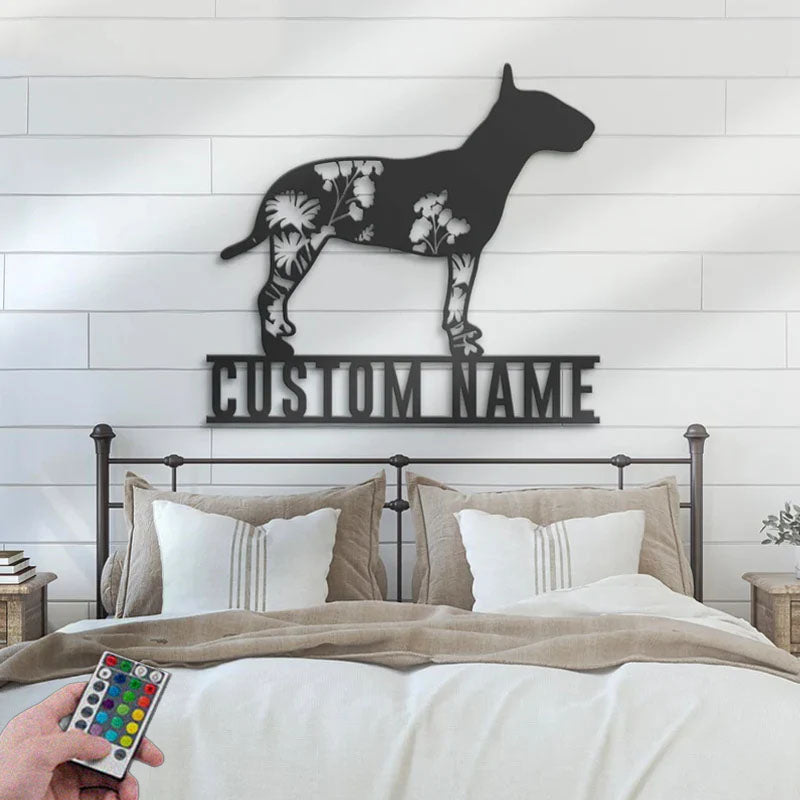 Personalized FLoral Bull Terriers Metal Wall Signs With RGB Led Light