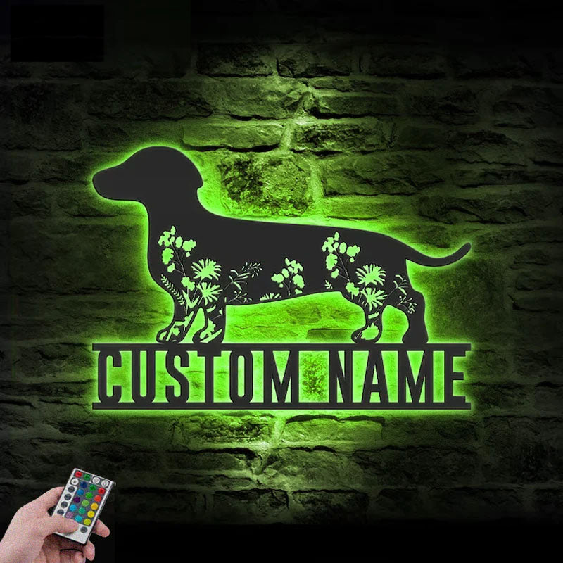 Personalized FLoral Dachshunds Metal Wall Art LED Light, Metal Wall Signs With RGB Led Light