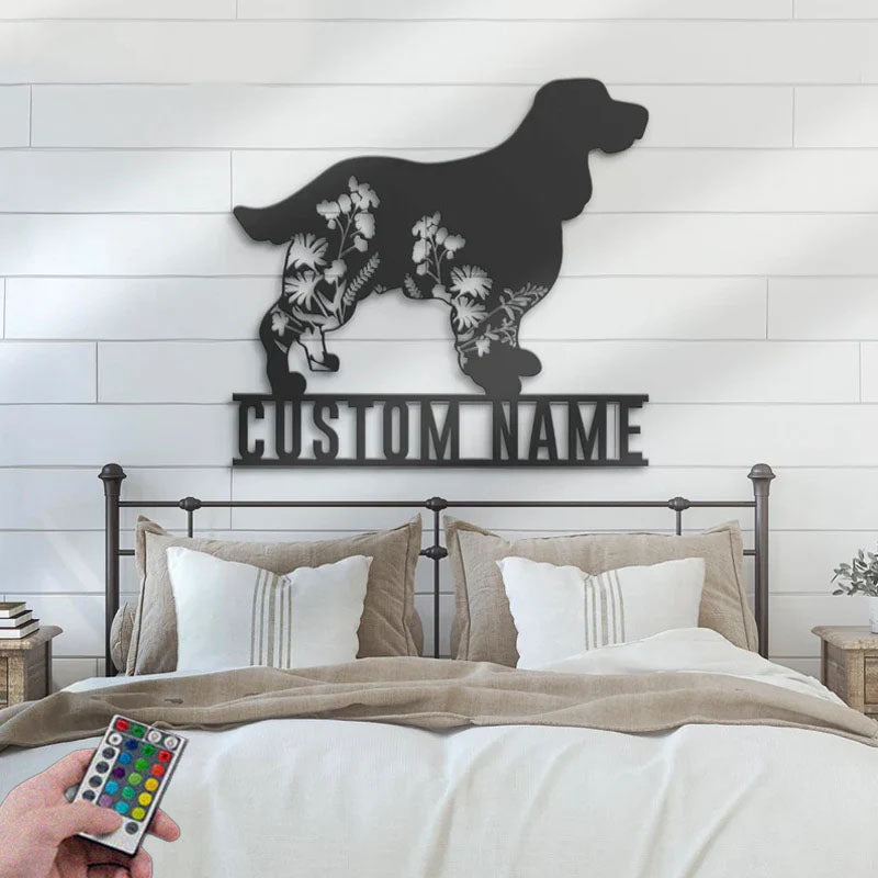 Personalized FLoral English Springer Spaniel Metal Wall Signs With RGB Led Light