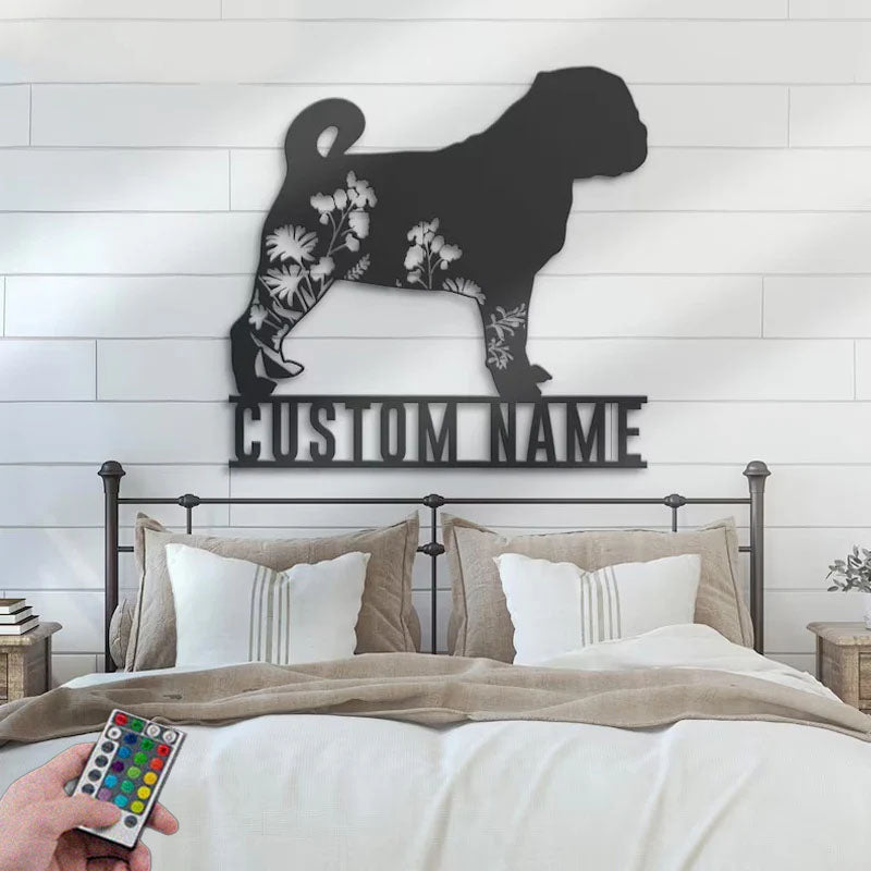 Personalized FLoral Pug, Metal Wall Signs With RGB Led Light