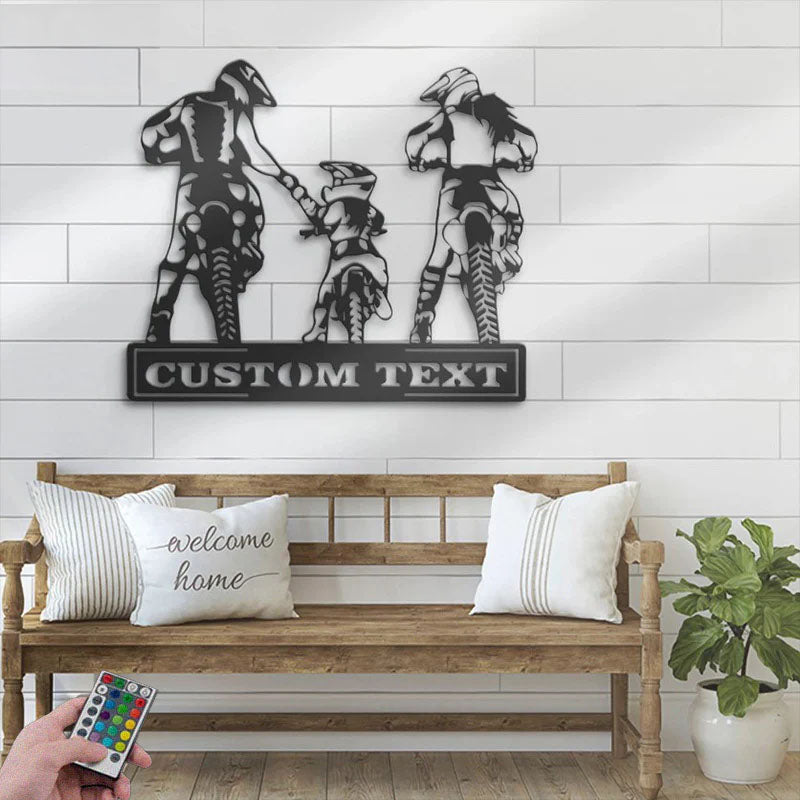 Personalized Family Motocross Biker, Metal Wall Signs With RGB Led Light