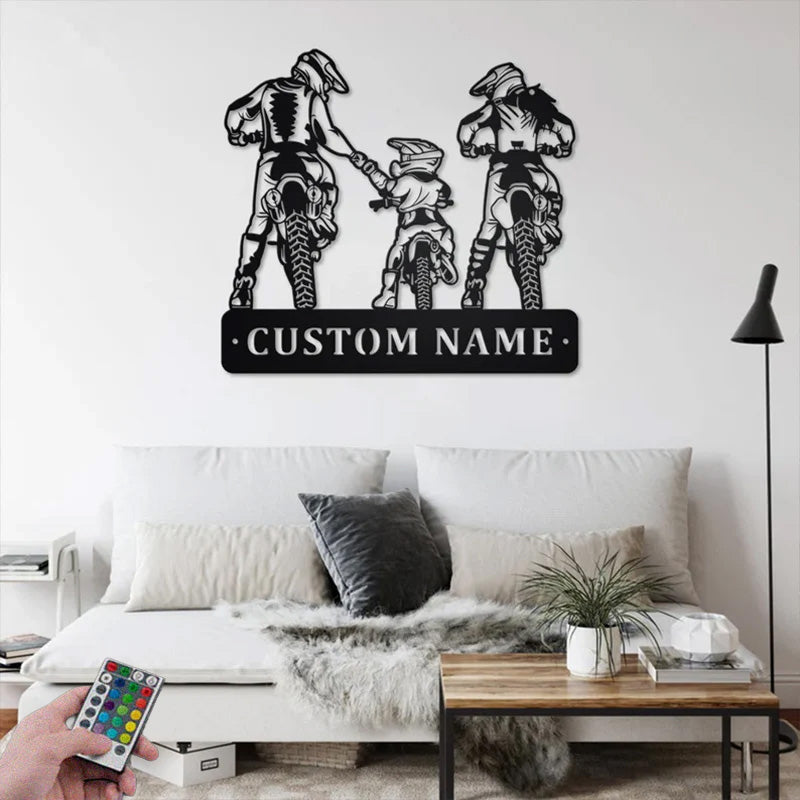 Personalized Family Motocross Metal Wall Signs With RGB Led Light