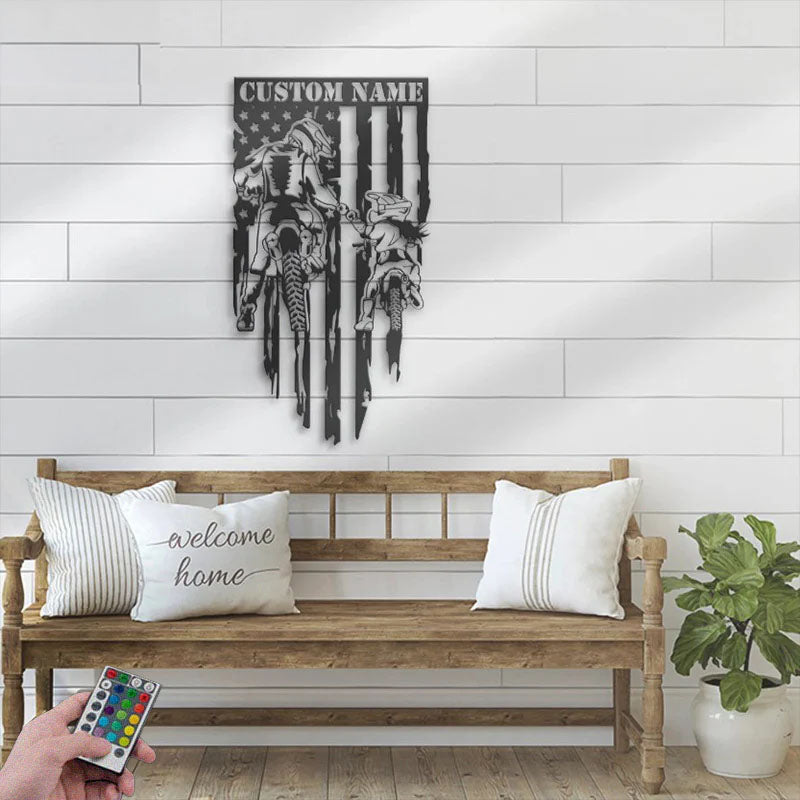 Personalized Father Daughter Motocross Biker US Flag, Metal Wall Signs With RGB Led Light