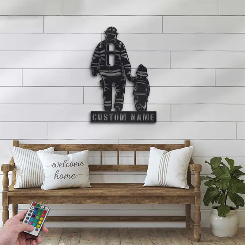 Personalized Father Son Firefighter Metal Wall Signs With RGB Led Light