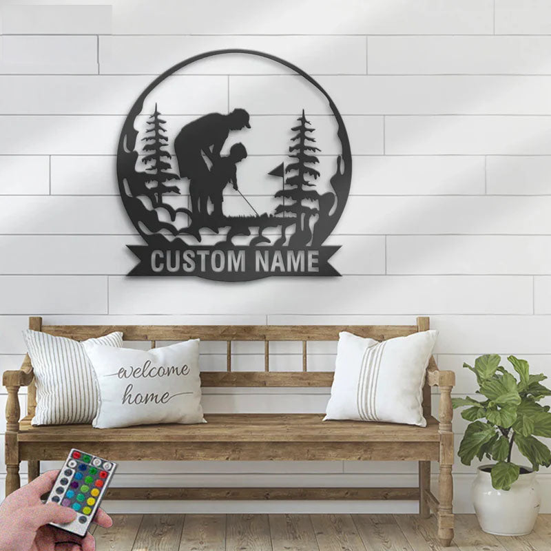 Personalized Father Son Golfing Metal Wall Art LED Light, Metal Wall Signs With RGB Led Light