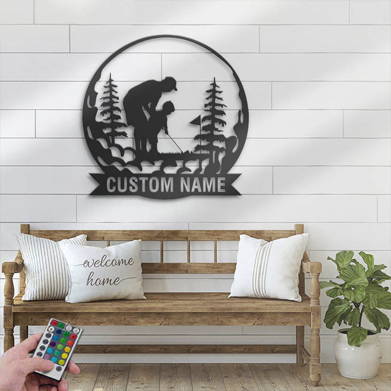 Personalized Father Son Golfing Metal Wall Signs With RGB Led Light